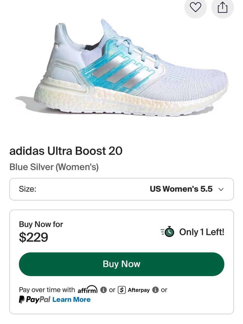 Women’s Parley Oceans x adidas UltraBoost 20 in Sky Tint, size 10